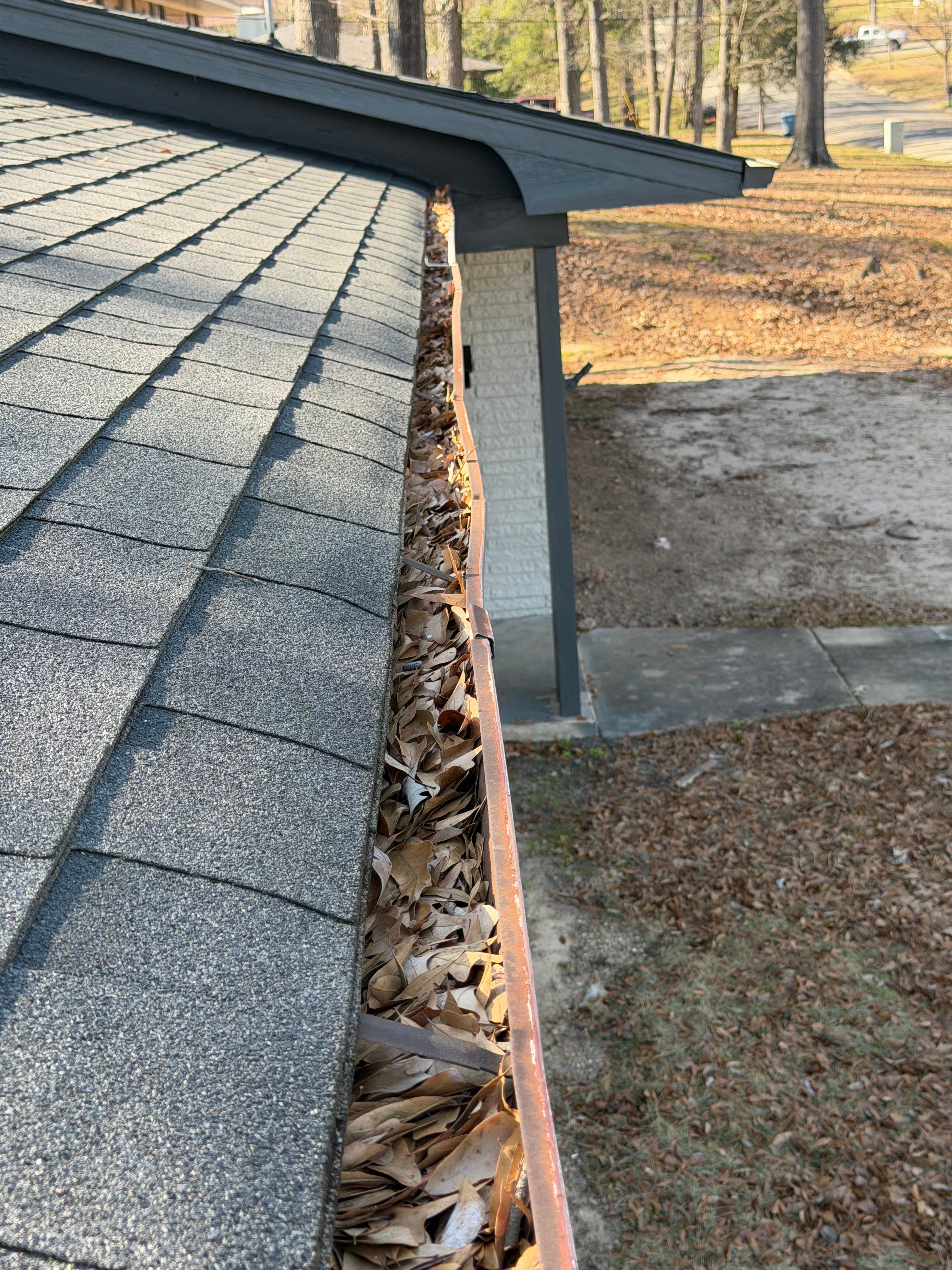 Gutter before cleaning - filled with leaves and debris